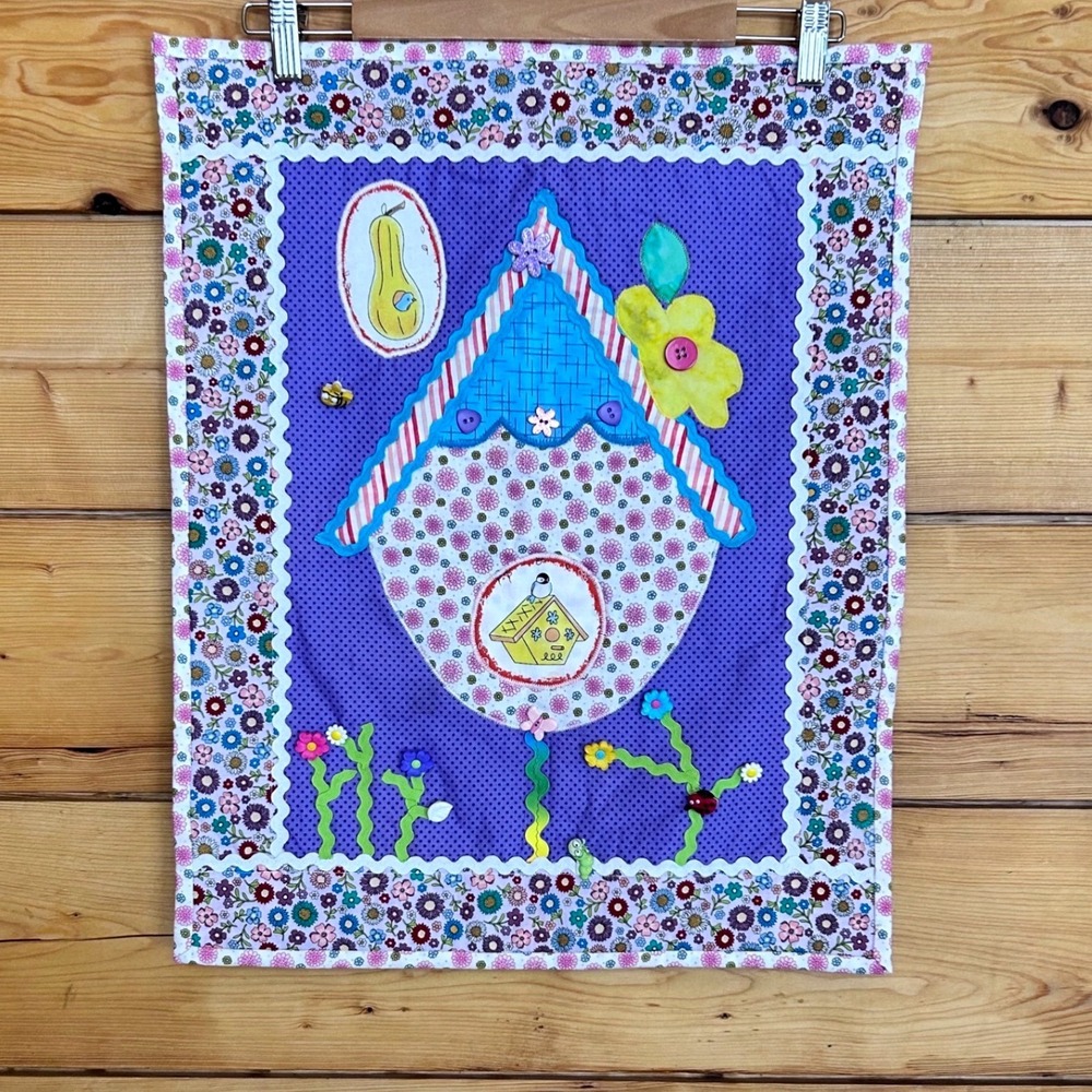 Vintage Birdhouse Mini Quilt Wall Hanging Large 18x22 Purple Floral Handmade